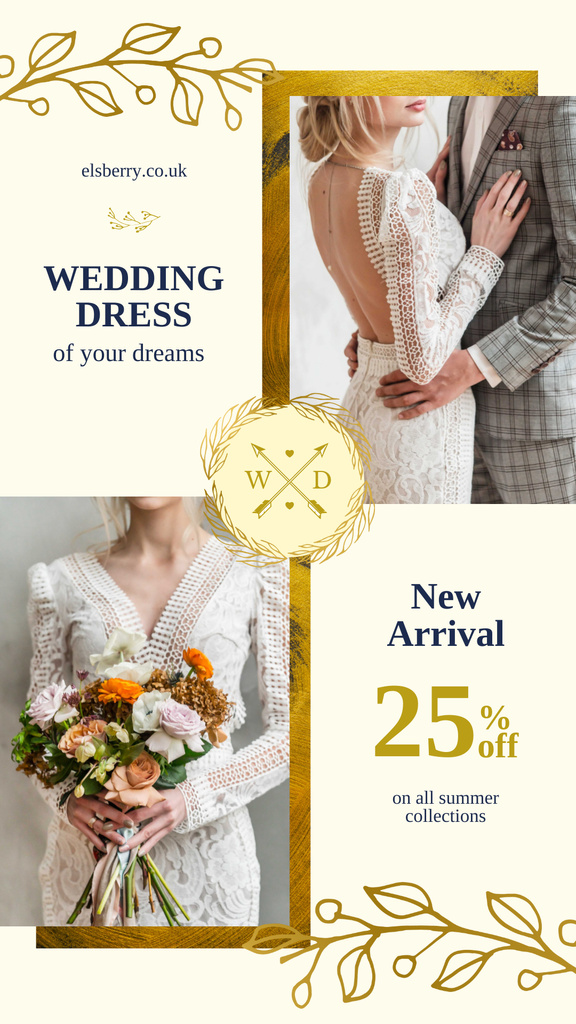 Wedding Dress Offer Elegant Bride and Groom Instagram Story Modelo de Design