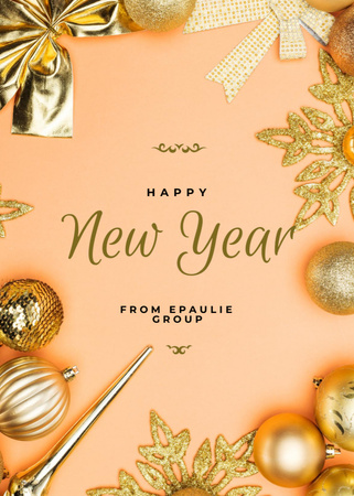 Modèle de visuel Voeux du Nouvel An dans des décorations dorées lumineuses - Postcard 5x7in Vertical