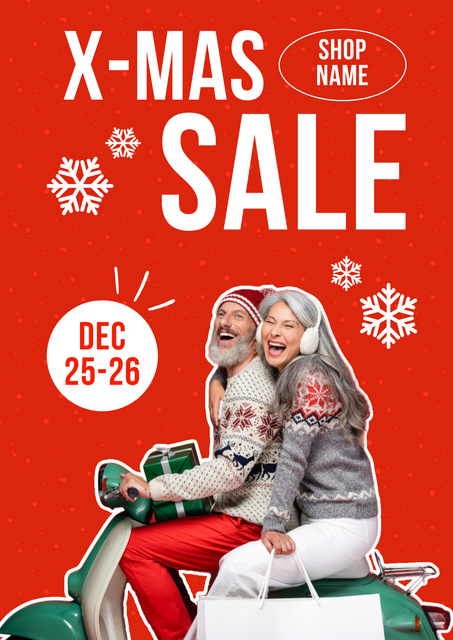 Designvorlage X-mas Sale Ad with Cheerful Senior Couple on Motorcycle für Poster