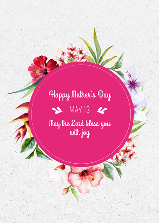 Mother's Day Greeting On Floral Circle Postcard A6 Vertical Tasarım Şablonu
