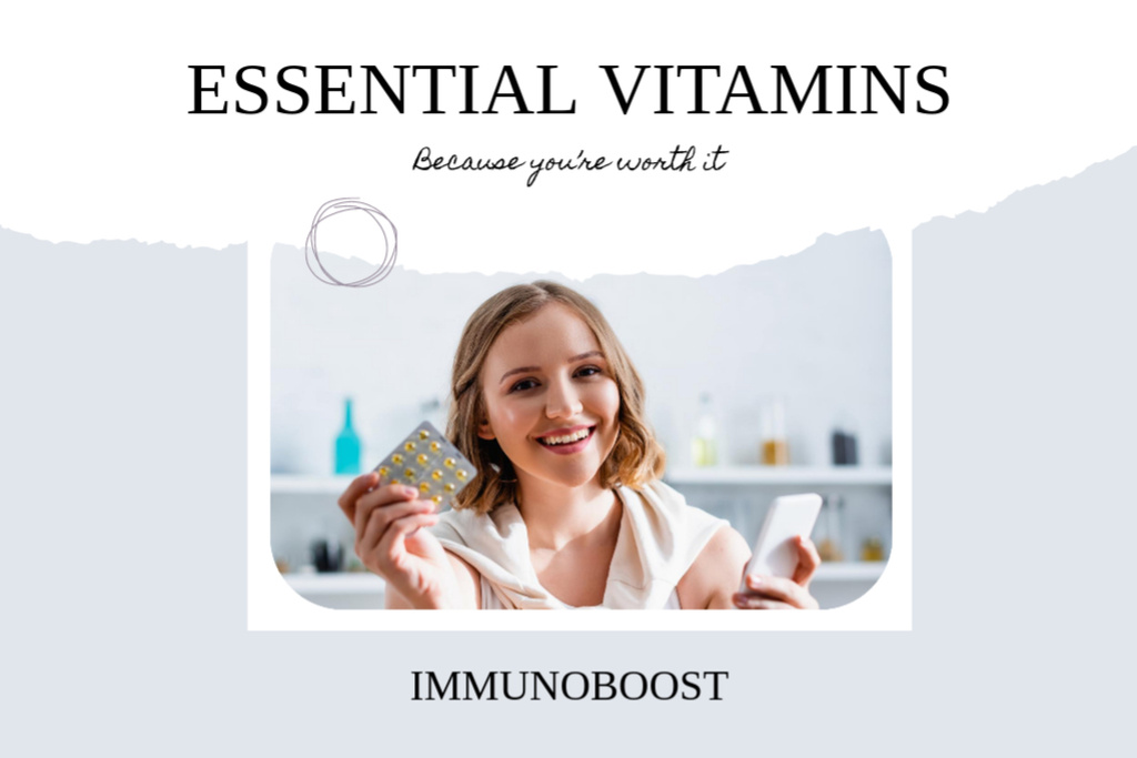Strengthening Vitamins In Blister Offer With Slogan Flyer 4x6in Horizontal Tasarım Şablonu