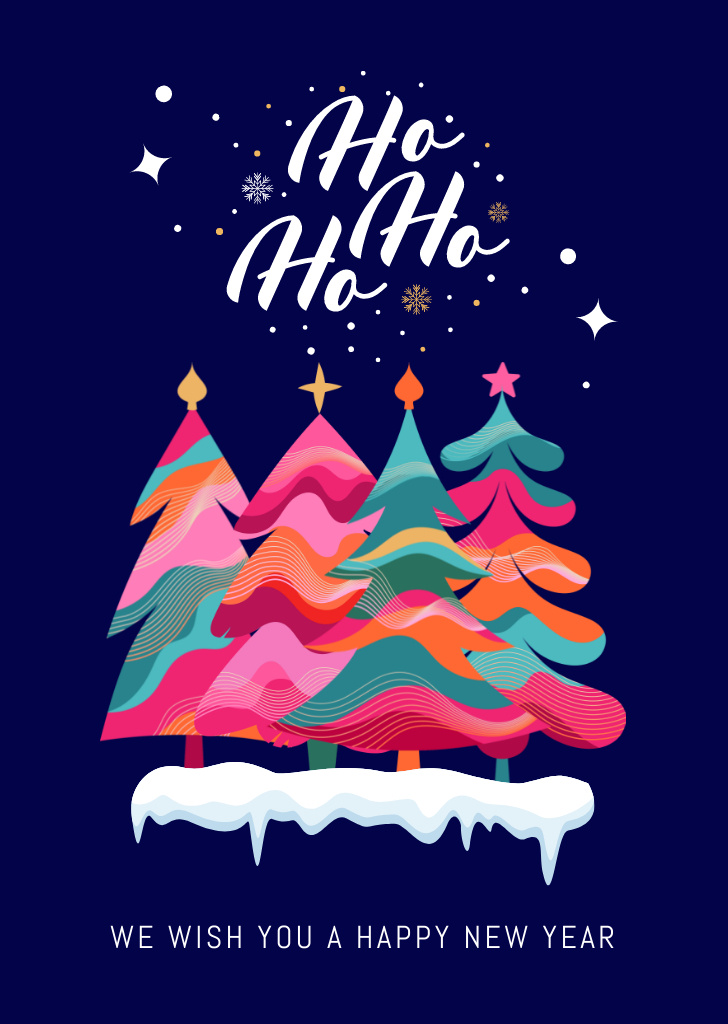 Christmas and New Year Wishes with Colorful Trees on Blue Postcard A6 Vertical Design Template