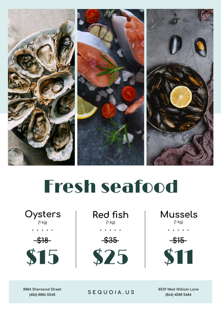 Designvorlage Seafood Offer with Fresh Salmon and Mollusks für Poster