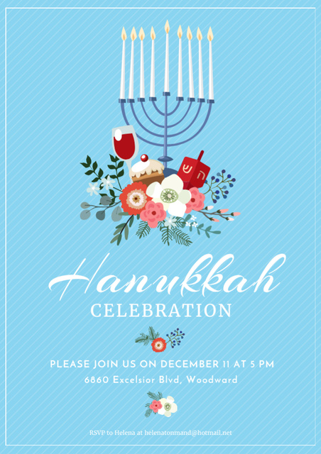 Hanukkah Celebration Announcement with Menorah on Blue Flyer A4 Πρότυπο σχεδίασης