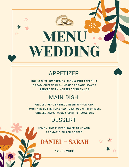 Floral Cartoon Illustration on Wedding Food List Menu 8.5x11in Modelo de Design
