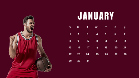 Izgatott kosárlabdázó egyenruhában labdával Calendar tervezősablon