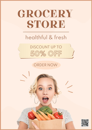 Healthy Food Discount with Veggies In Paper Bag Poster Design Template