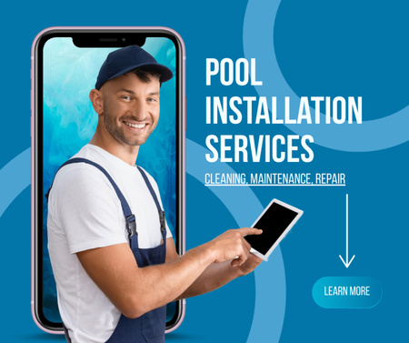 Young Worker Service Offer for Swimming Pool Installation Facebook Design Template
