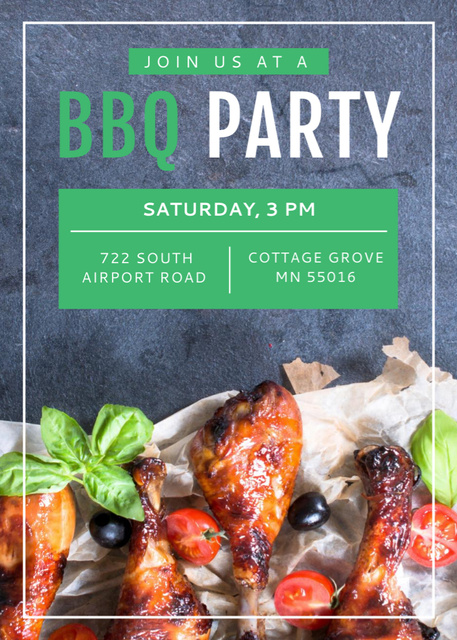 BBQ Party Announcement with Grilled Chicken Invitation Design Template