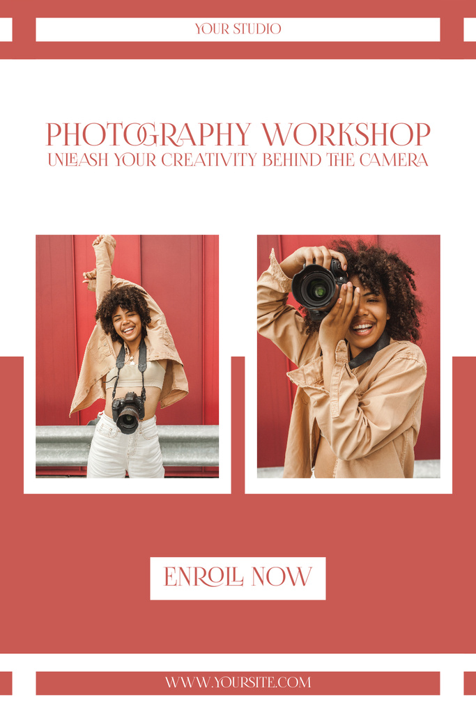 Photography Workshop Ad Layout on Red Pinterestデザインテンプレート