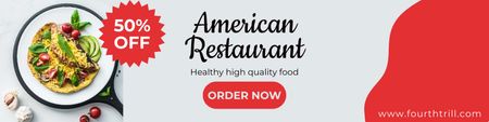 Plantilla de diseño de anuncio de descuento de restaurante americano con plato delicioso Twitter 