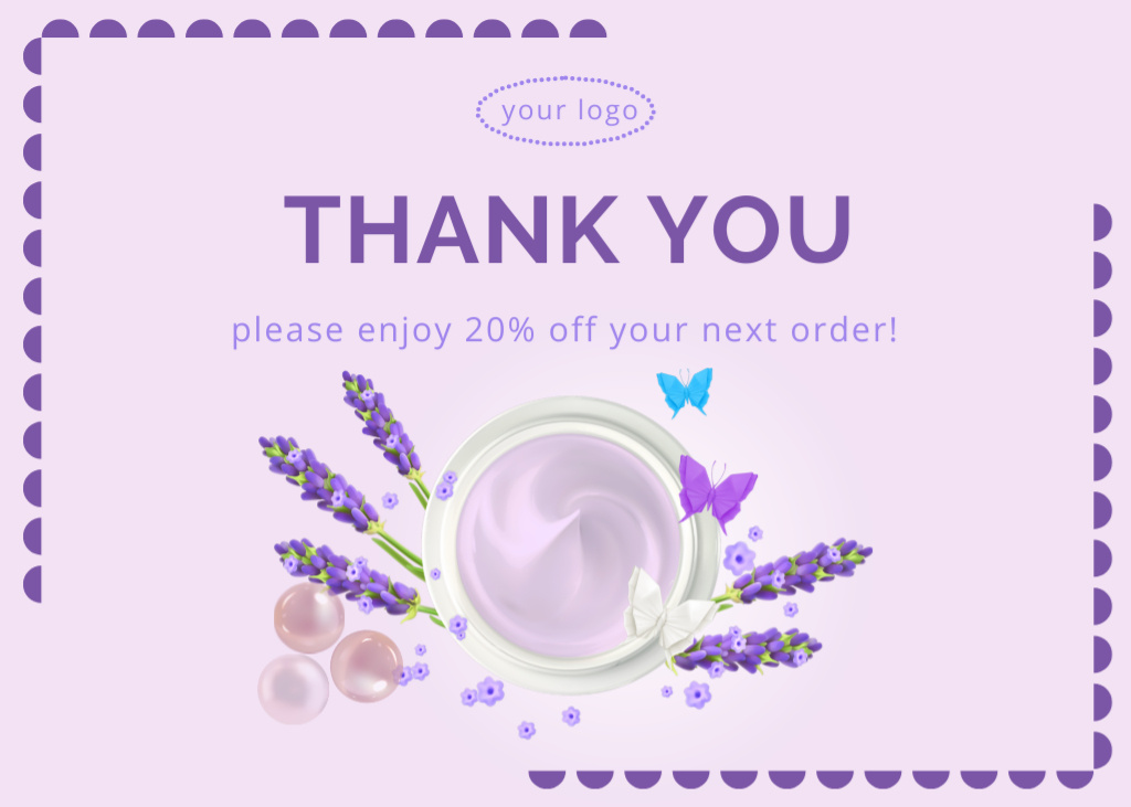 Ontwerpsjabloon van Postcard 5x7in van Thanks Letter for Order with Lavender Flowers and Cosmetic Jar
