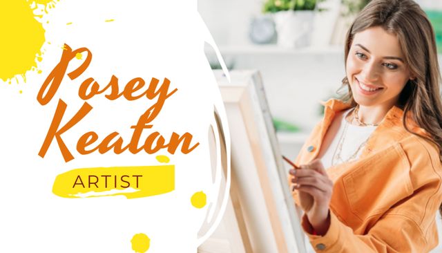 Art Lessons Ad with Woman Painting by Easel Business Card US Modelo de Design