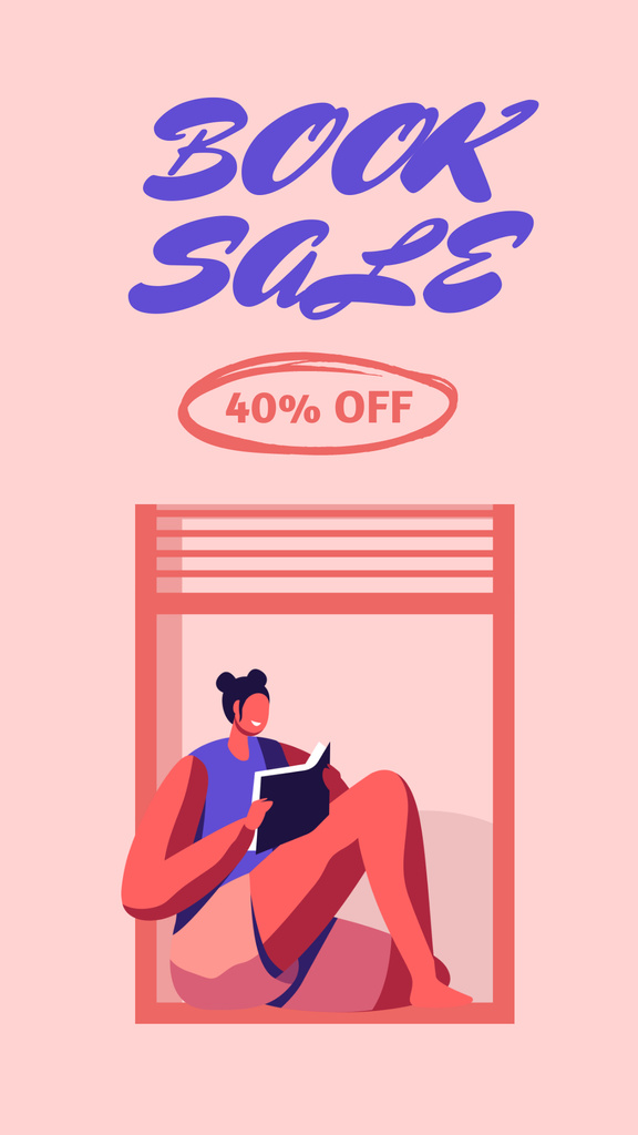 Books Sale Announcement with Illustration of Woman on Pink Instagram Story Design Template