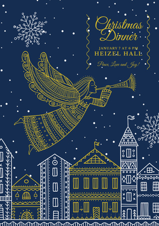 Christmas Dinner Invitation with Angel Flying over City Poster Design Template