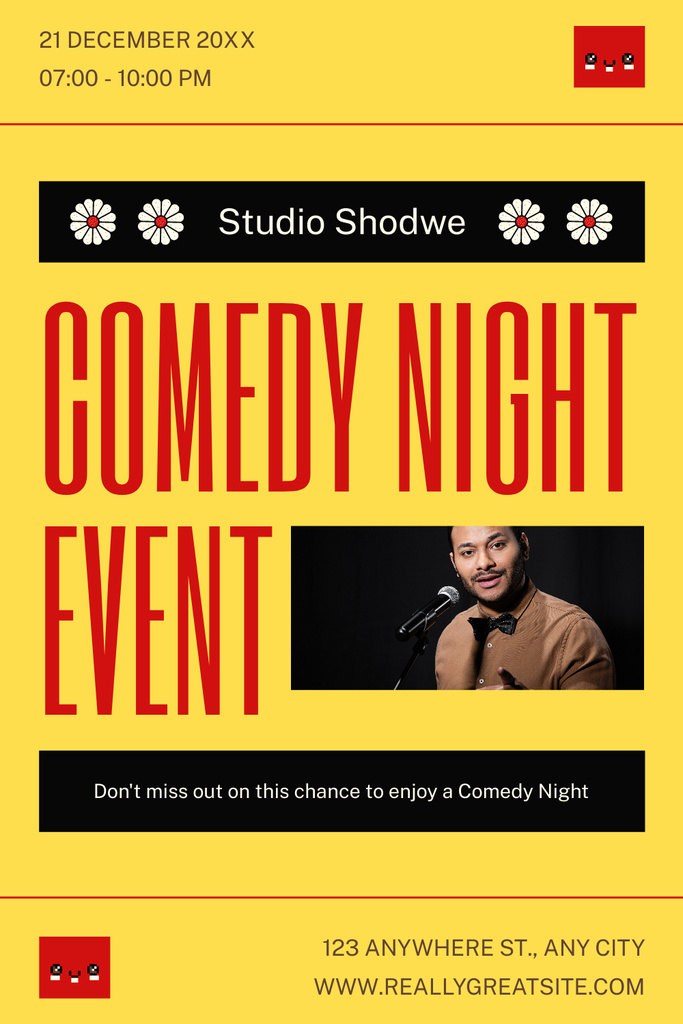 Comedy Night Event Promo with Man by Microphone Pinterest Tasarım Şablonu