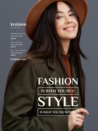 Template di design Annuncio del negozio di moda con donna sorridente in abito marrone Poster US