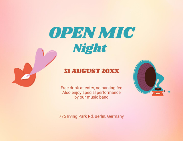 Open Mic Night Announcement with Lips Illustration Invitation 13.9x10.7cm Horizontal – шаблон для дизайна