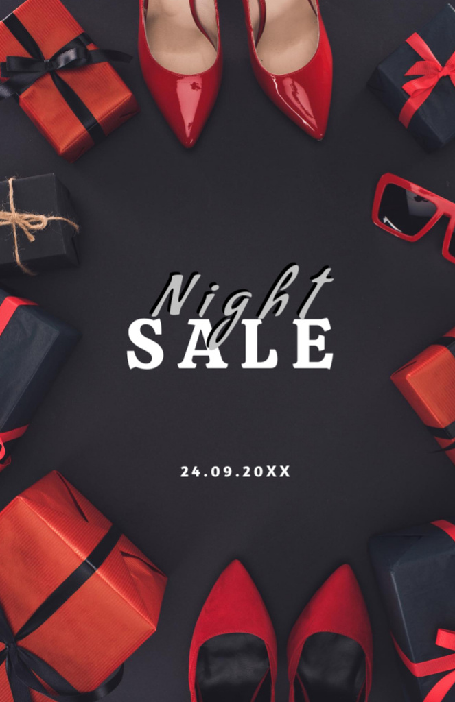 Platilla de diseño Night Sale Ad with Stylish Women's Shoes and Gift Boxes Flyer 5.5x8.5in