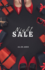 Night Sale Ad with Stylish Women's Shoes and Gift Boxes