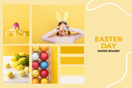 Platilla de diseño Easter Holiday Collage with Cheerful Child and Colorful Eggs Mood Board