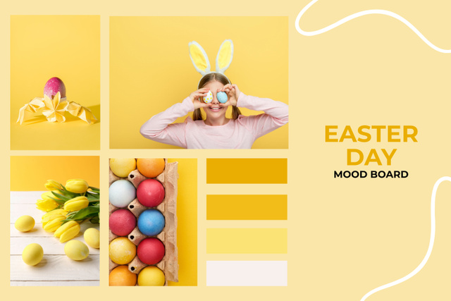 Szablon projektu Easter Holiday Collage with Cheerful Child and Colorful Eggs Mood Board