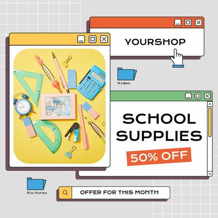 Bright Announcement of Sale of Stationery and School Supplies Instagram Design Template