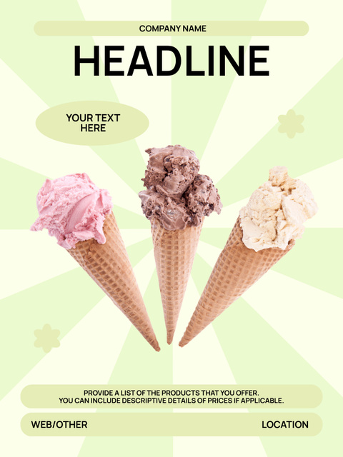 Variety of Ice Cream in Waffle Cones Poster US Design Template