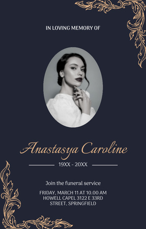 Platilla de diseño Funeral Service Announcement with Photo and Floral Frame Invitation 4.6x7.2in