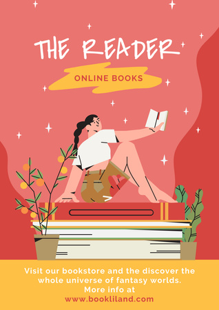 online books with girl is reading Poster A3 Tasarım Şablonu