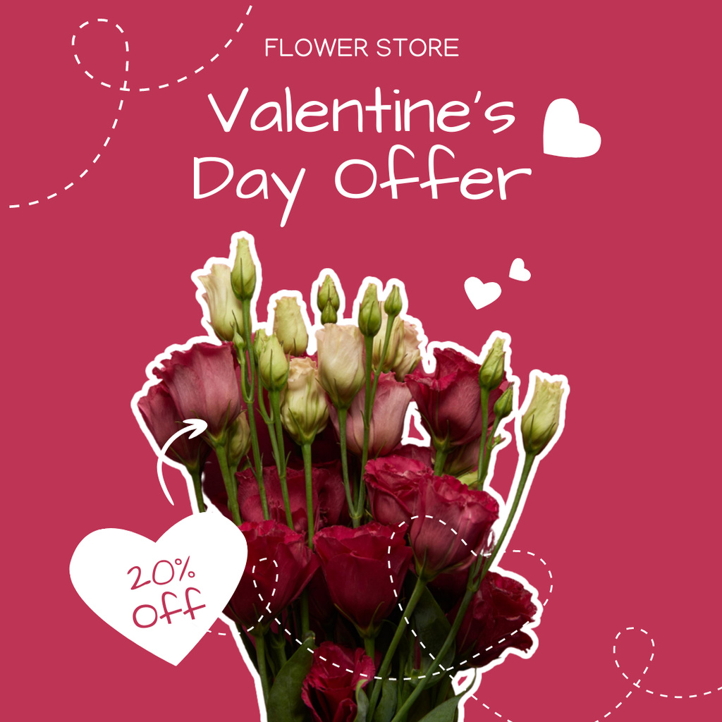 Valentine's Day Discount Announcement with Beautiful Fresh Bouquet of Flowers Instagram ADデザインテンプレート