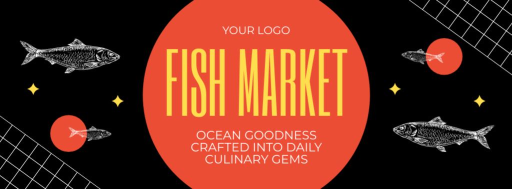 Fish Market Ad with Creative Sketch in Black Facebook coverデザインテンプレート