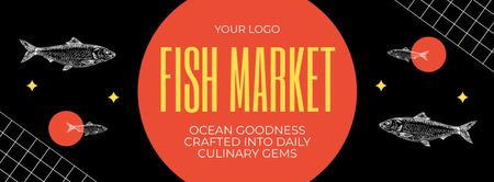 Оголошення рибного ринку з креативним ескізом чорного кольору Facebook cover – шаблон для дизайну