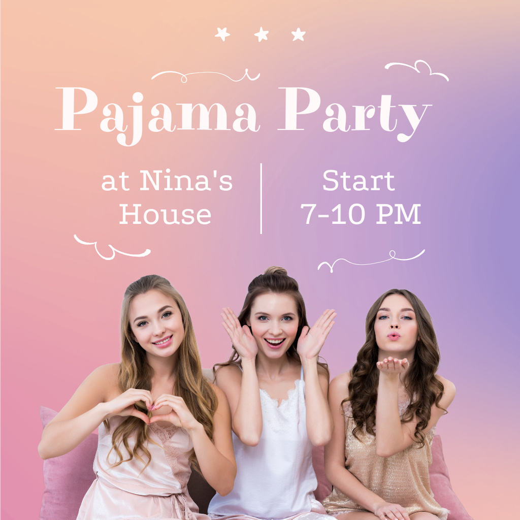 Pajama Party Announcement with Cheerful Young Women in Pink Instagram Modelo de Design
