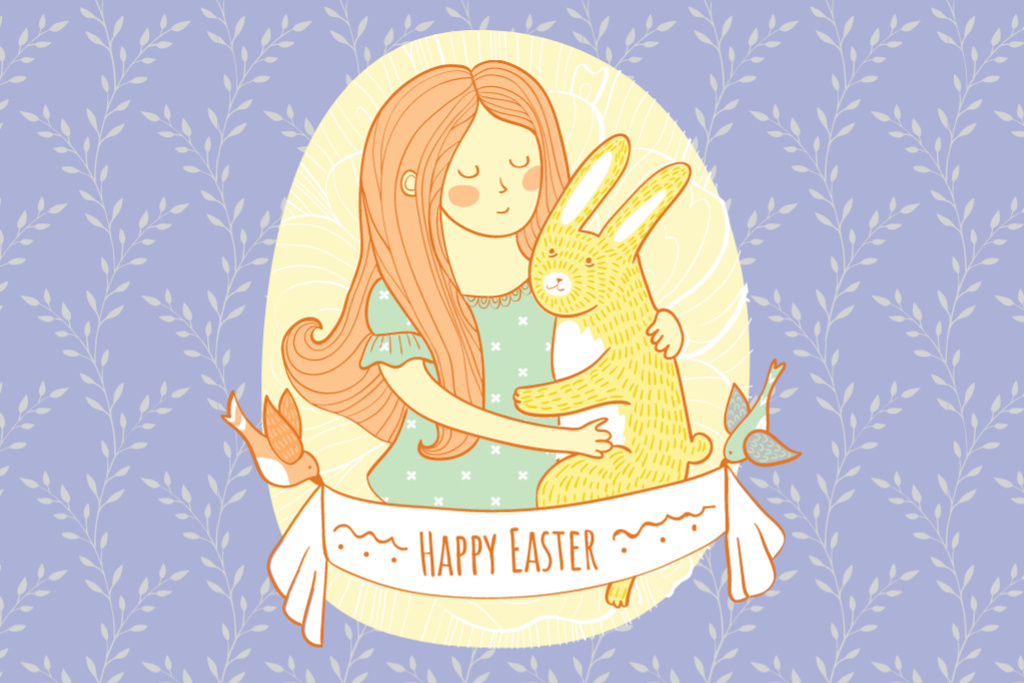 Easter Greeting With Girl Hugging Bunny on Blue Postcard 4x6in Design Template