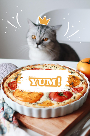 Funny Cat sitting at Table with Tomato Pie Pinterest Tasarım Şablonu