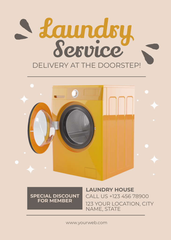 Laundry Service Offer with Yellow Washing Machine Flayerデザインテンプレート
