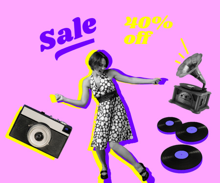 Designvorlage Funny Illustration of Dancing Girl and Gramophone für Medium Rectangle