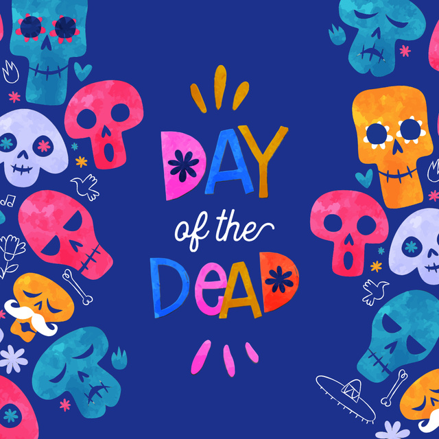 Day of the Dead Celebration Announcement with Funny Skulls Animated Post Modelo de Design
