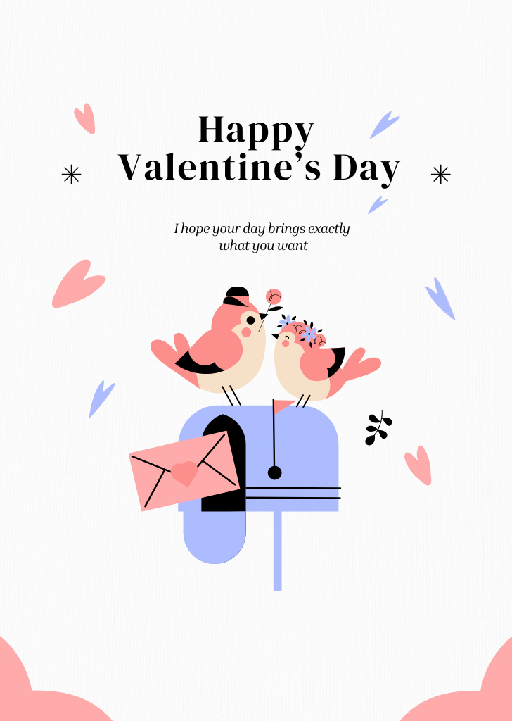 Happy Valentine's Day Congratulations With Cute Birds Postcard A6 Vertical Design Template