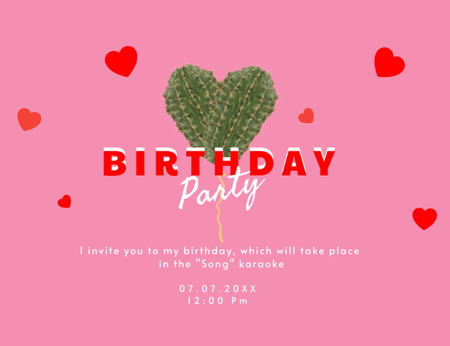 Birthday Party Announcement with Hearts Invitation 13.9x10.7cm Horizontal Design Template