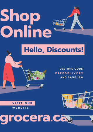 Designvorlage Online Shop Offer Women with groceries in baskets für Poster