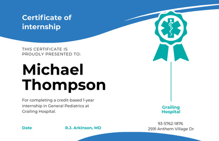 Platilla de diseño Medical Program Internship in blue Certificate 5.5x8.5in