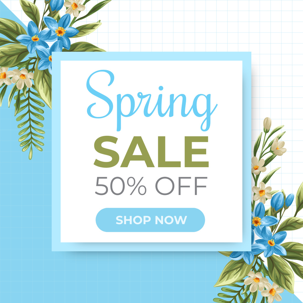 Spring Special Sale Announcement with Blue Flowers Instagram AD tervezősablon