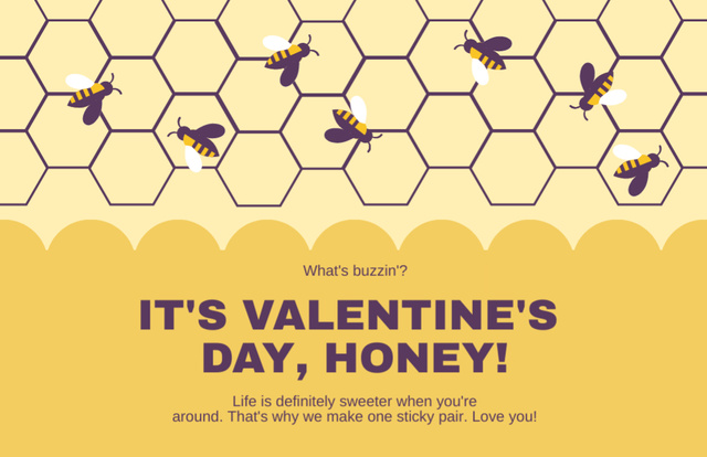 Happy Valentine's Day Greeting with Cute Bees Thank You Card 5.5x8.5in Design Template