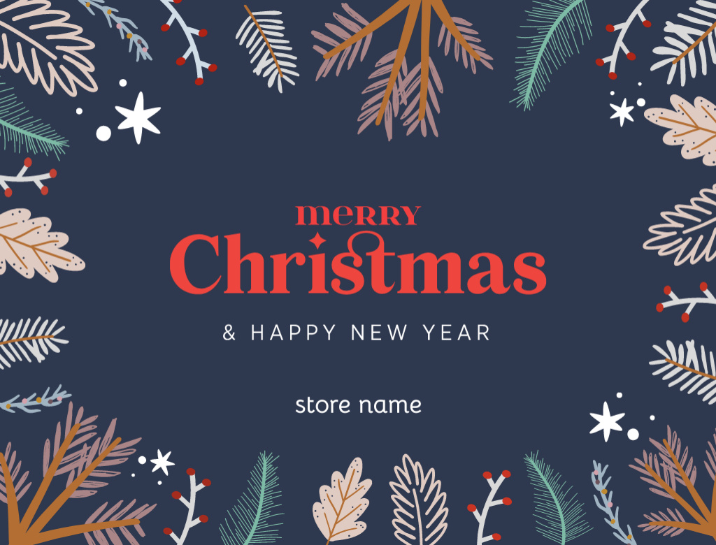 Christmas and New Year Greeting with Illustration of Twigs on Blue Postcard 4.2x5.5in Design Template
