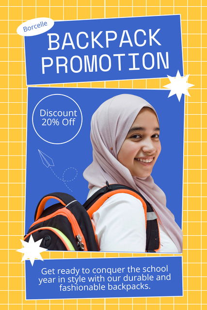 Announcement Discounts on School Backpacks with Muslim Girl Pinterestデザインテンプレート