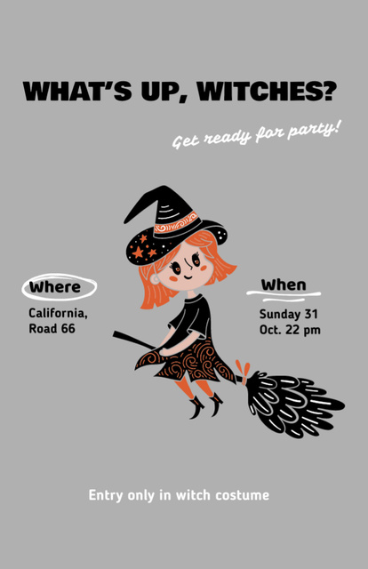 Ontwerpsjabloon van Invitation 5.5x8.5in van Halloween Party Announcement With Cute Witch On Broom