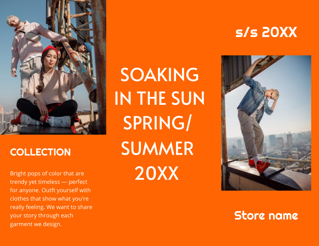 Plantilla de diseño de Stylish Couple in Bright Summer Outfit in Orange Brochure 8.5x11in Z-fold 