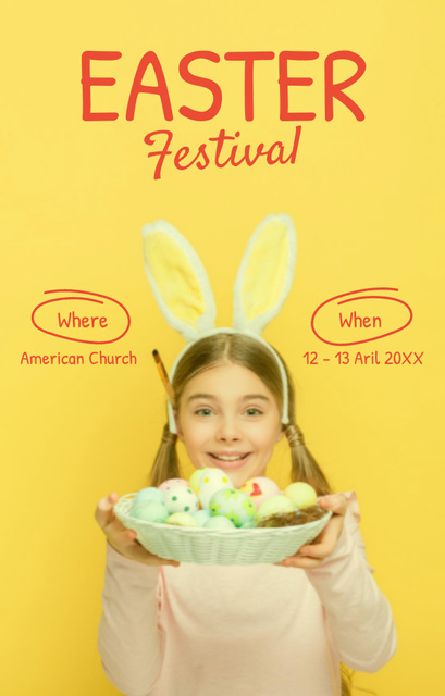 Designvorlage Easter Festival Ad with Girl in Rabbit Ears with Easter Eggs in Wicker Plate für Invitation 4.6x7.2in